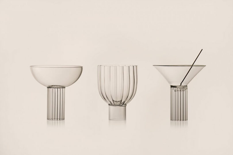 three cocktail glasses with patterned texture