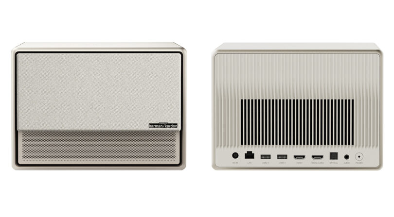 Front and back of the XGIMI HORIZON Ultra hybrid light home projector, showing its fabric covered front cover and perforated speaker grill, alongside all of the input ports and back vents.