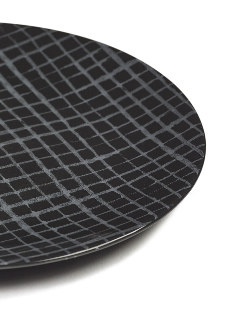 black and grey grid pattern tableware on a white background