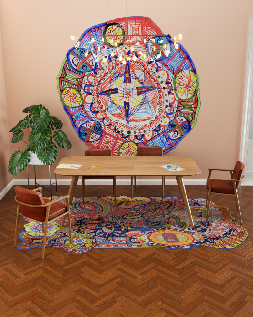 colorful graphic round rug on wall next to dining table