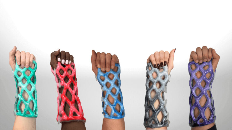 Five different colors options of the Cast21 orthopedic sleeve on five different outstretched arms.
