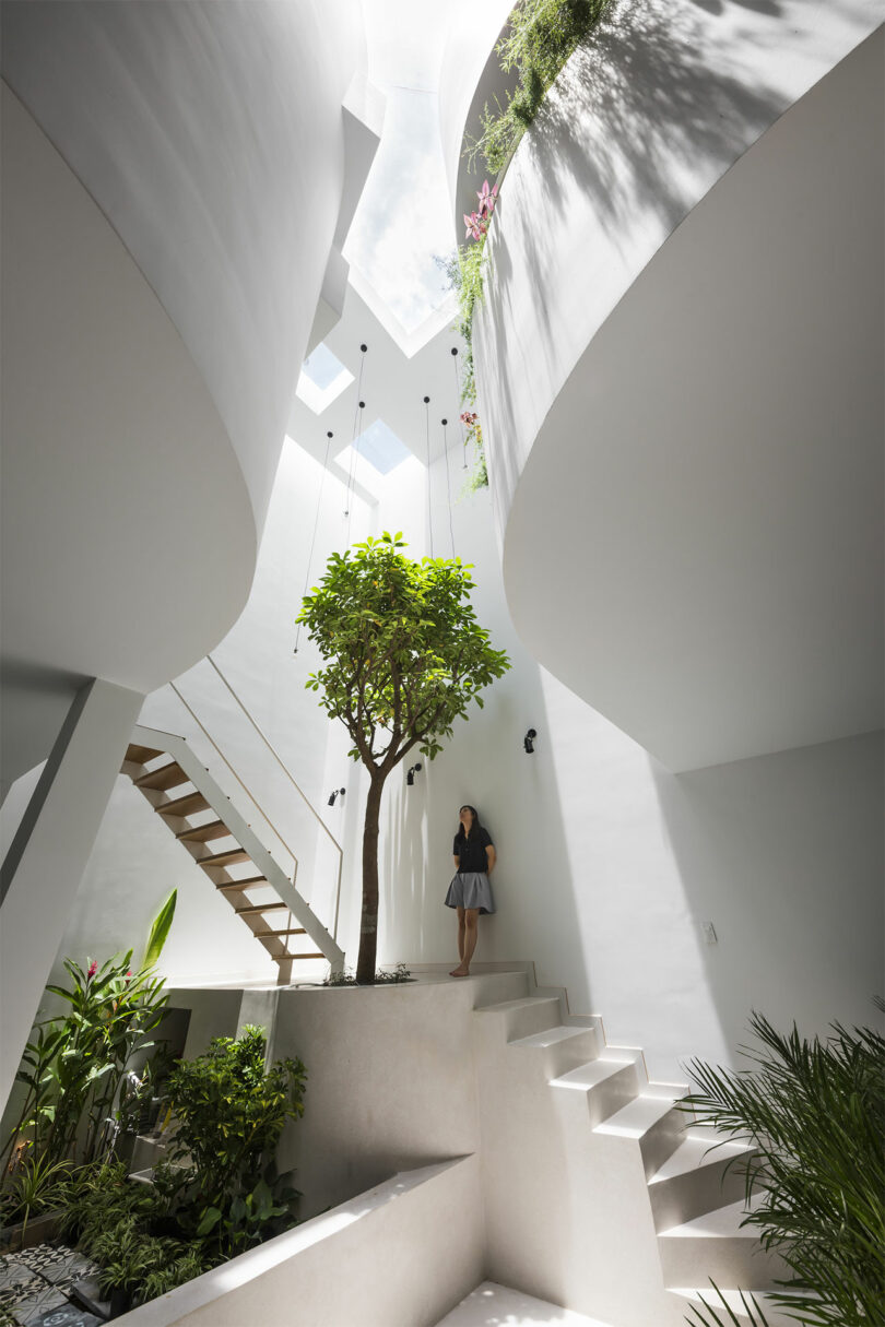angled up view of large open white interior room with a woman standing in front of an embedded indoor tree on stairs.