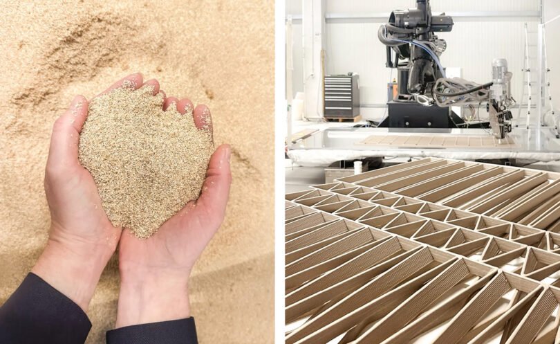 A hand holding a handful of granular material on the left; industrial equipment and Aectual 3D Printed Wood items on the right.