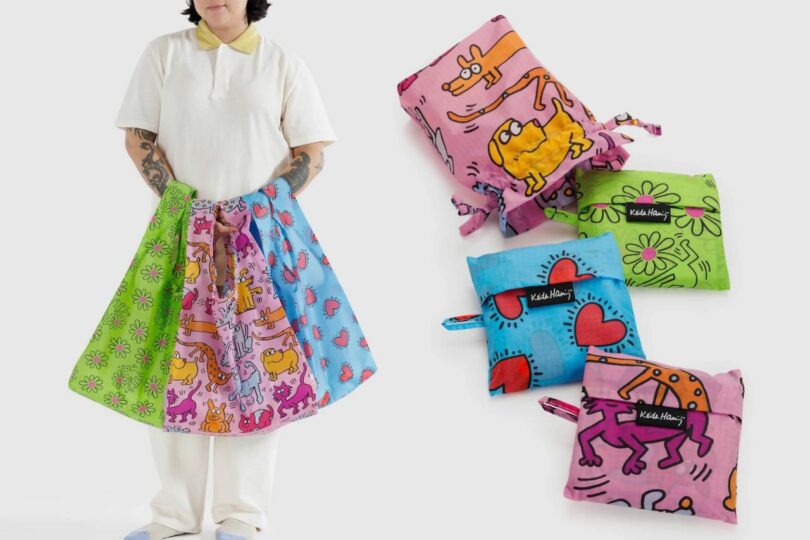 Baggu and Keith Haring collaboration - on the left is a woman holding all four bags with different designs and on the right are the four bags folded up into their case